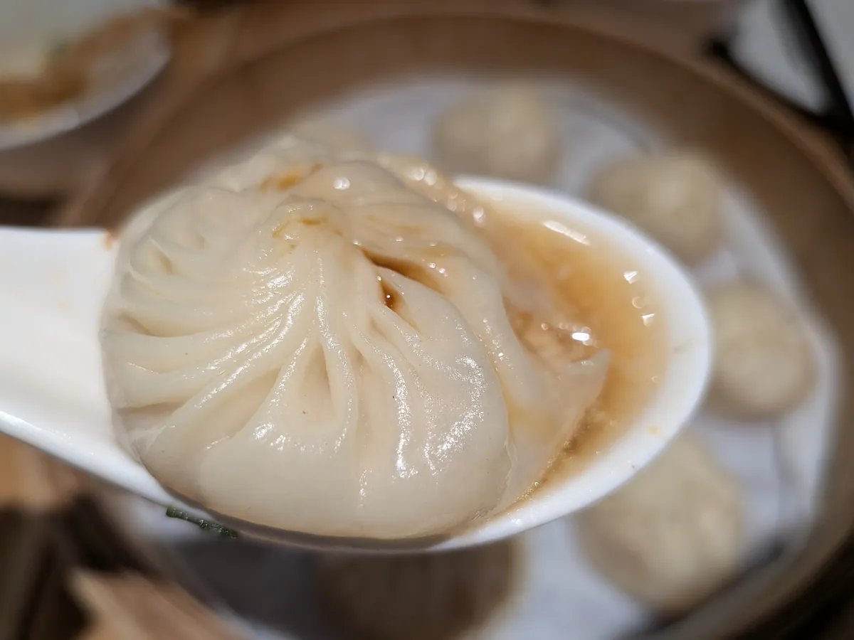 レンゲにのせた鶏肉小籠包のアップ。薄い皮ごしにスープが透けて見える