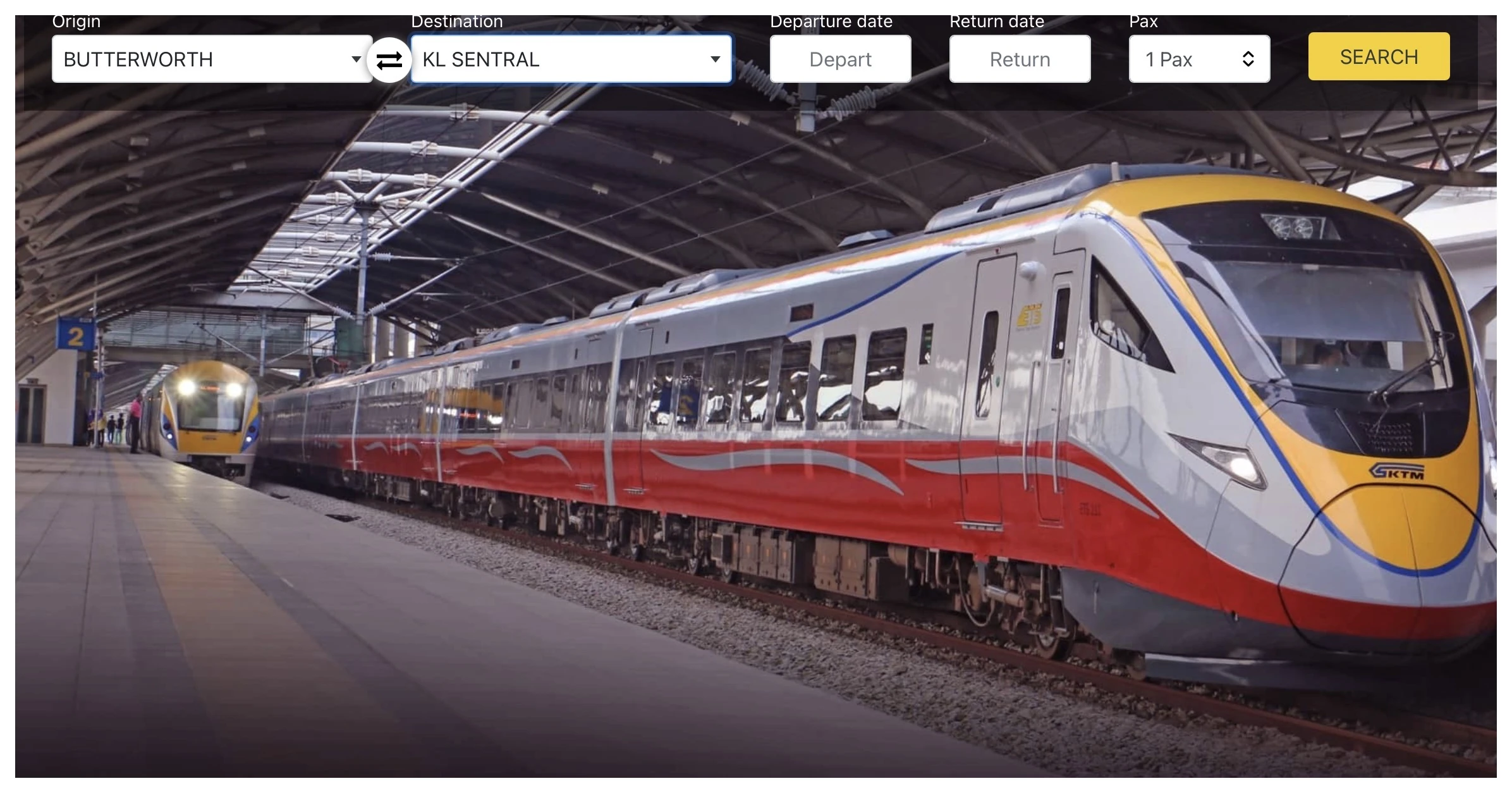KTMB公式予約サイトKITSの検索フォーム。OriginにBUTTERWORTH、DestinationにKL SENTRALを選択した状態