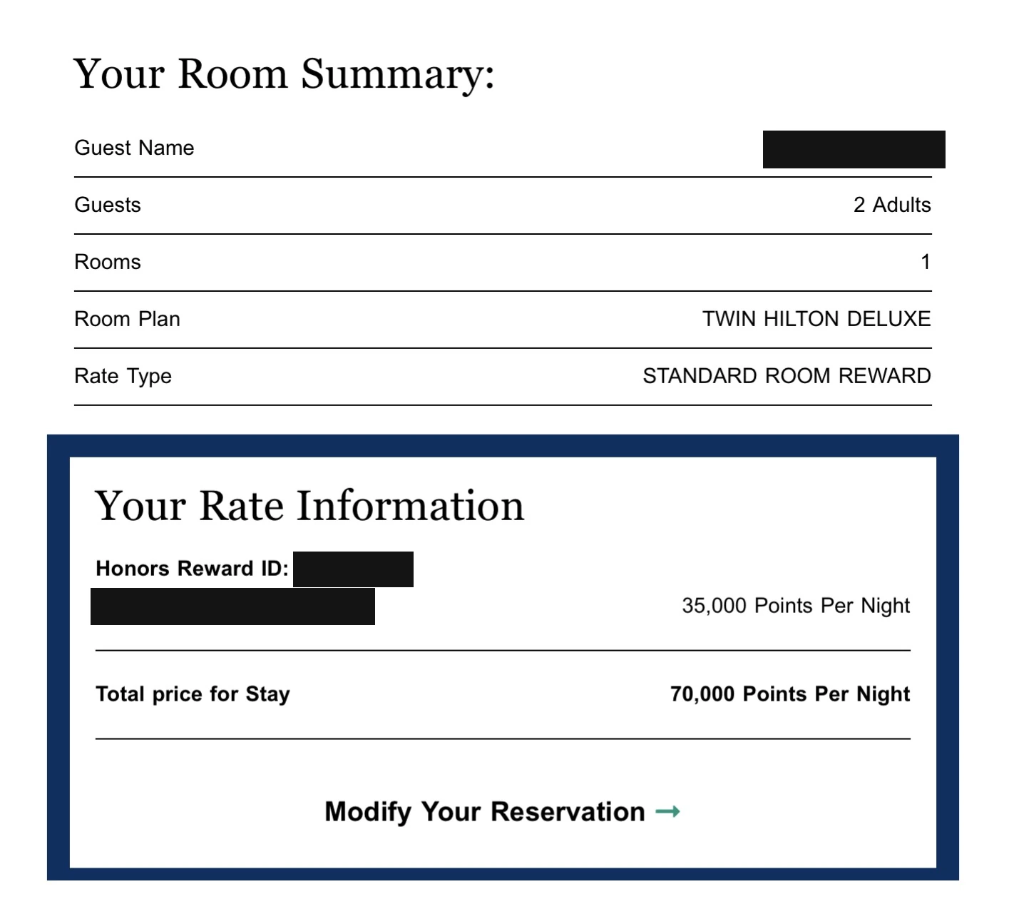 ヒルトン・クアラルンプールのポイント予約画面。Rate TypeはSTANDARD ROOM REWARD、1泊35,000ポイント、滞在合計70,000ポイント（氏名・会員番号・日付のみ黒塗り）
