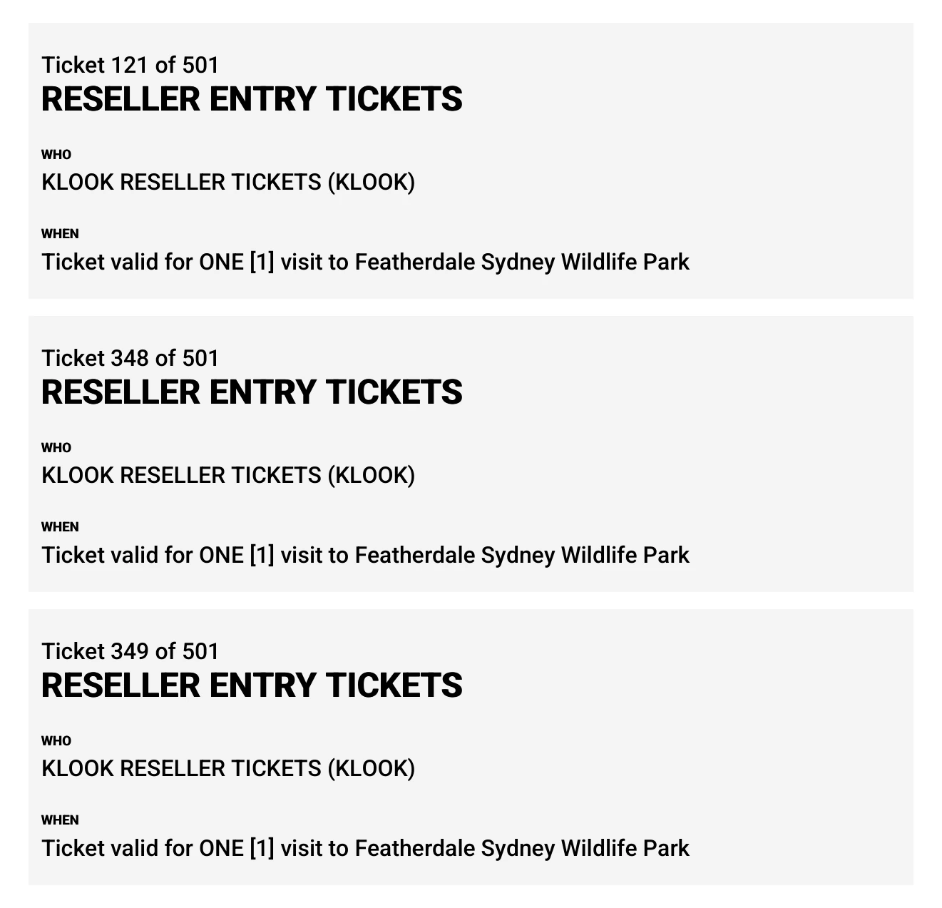 KLOOKで事前購入したフェザーデール動物園の入園チケット3枚。WHO欄に「KLOOK RESELLER TICKETS」、WHEN欄に「Ticket valid for ONE [1] visit to Featherdale Sydney Wildlife Park」と記載されている