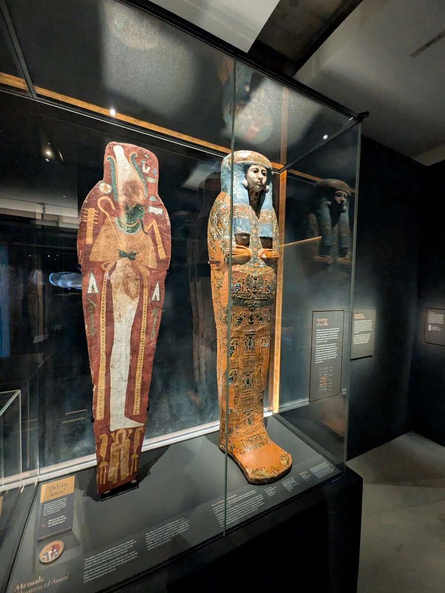 麻布と膠のカルトナージュに覆われた古代エジプトの人型の棺2体。左は「Menuah: Chantress of Amun」と表示され、赤地に神の姿が描かれている