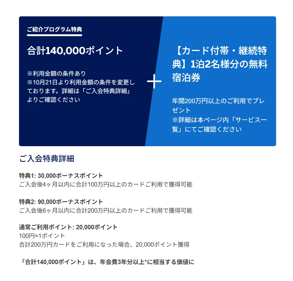 アメックス・ゴールド・プリファード 通常の会員からのご紹介の入会特典画面 合計140,000ポイント（4ヶ月100万円で30,000・6ヶ月200万円で90,000・通常利用20,000）