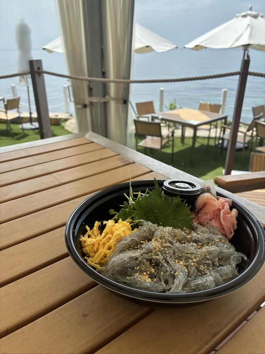 海を望むテラス席に置かれた生しらすたっぷりの季節限定生しらす丼