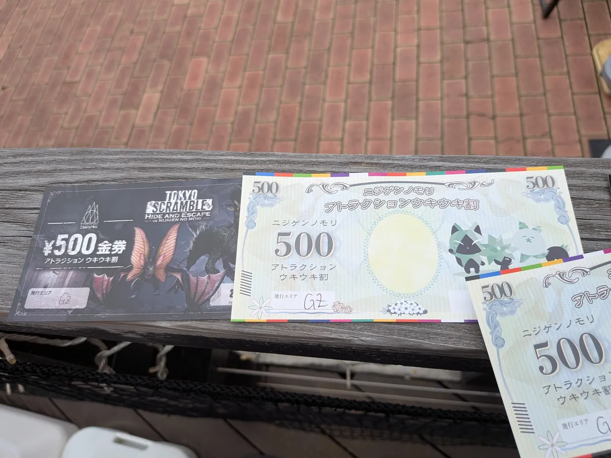 NIGOD(ゴジラ迎撃作戦)の料金表。アトラクションごとのチケット種別が並ぶ