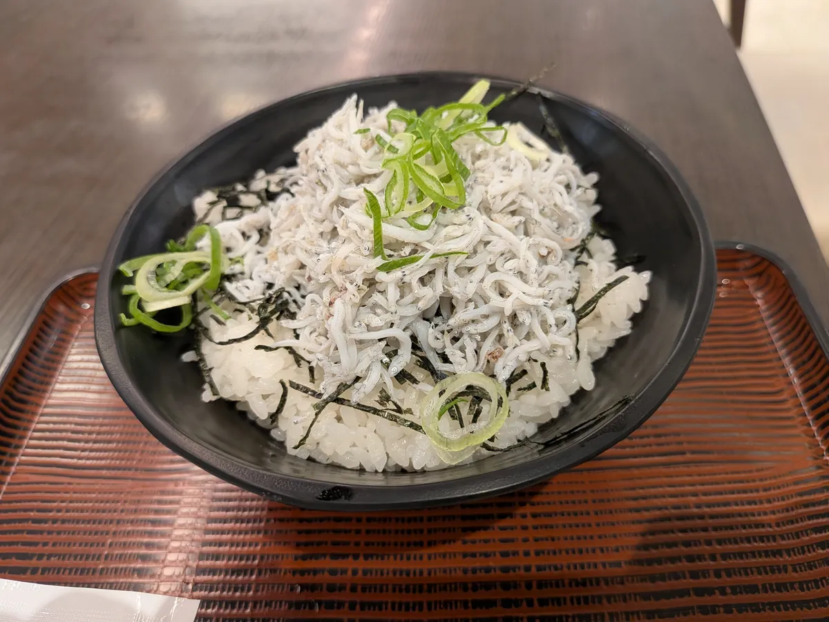 淡路島産の釜揚げしらすをのせたしらす丼。青ねぎと刻みのりをトッピング