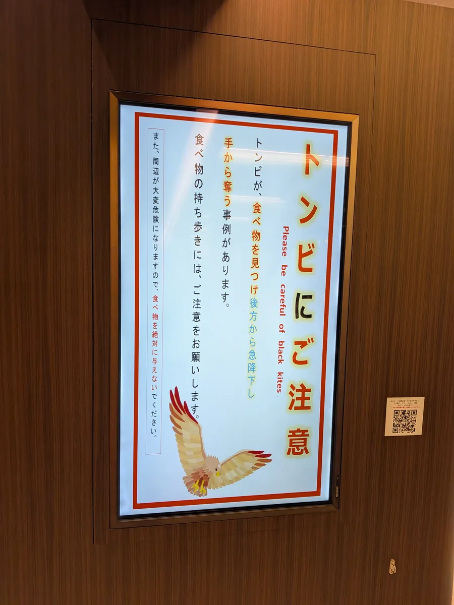 館内に掲示された「トンビにご注意」の注意書き。食べ物を持って歩くと後方から急降下するとの警告
