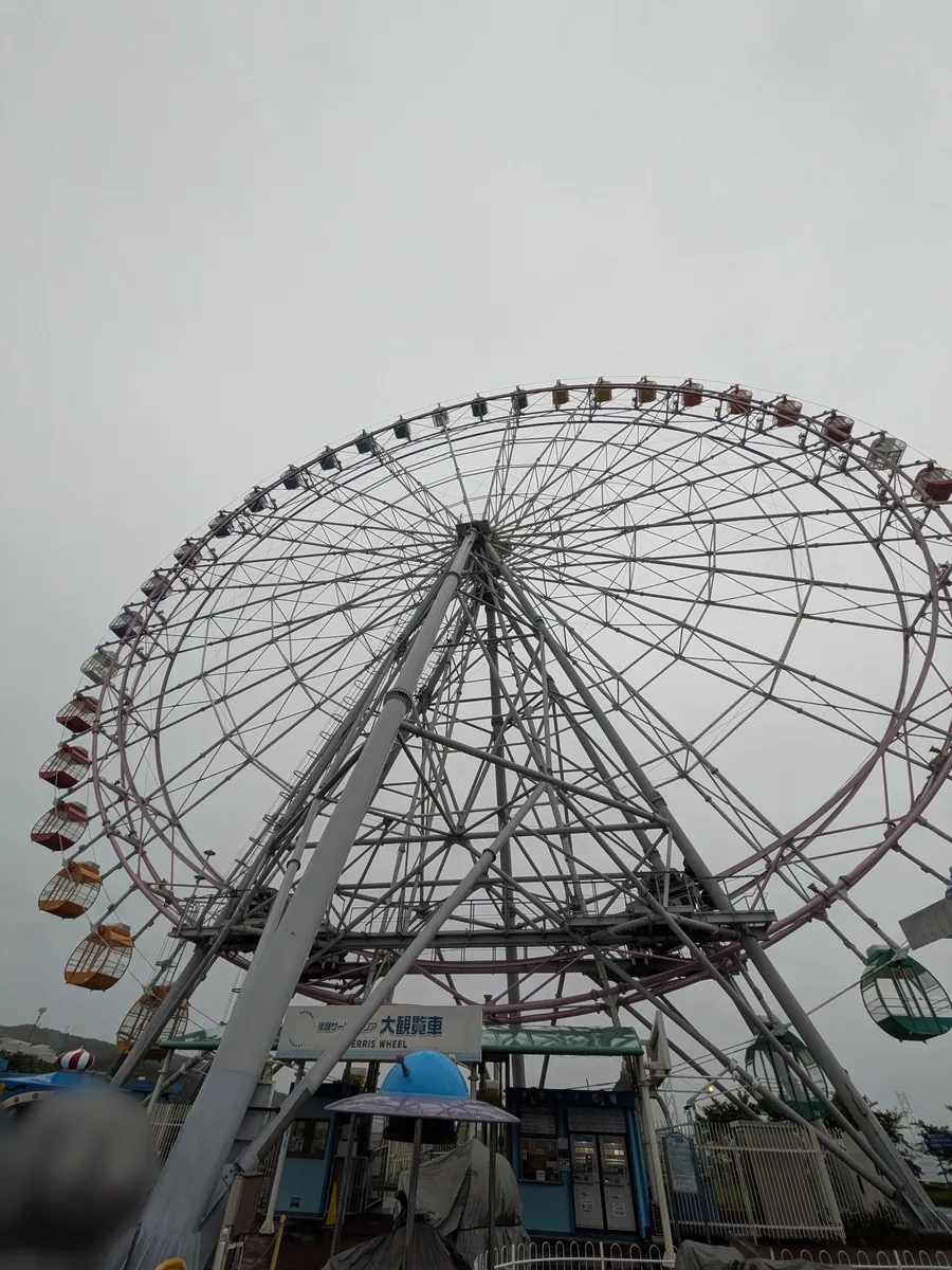 曇り空にそびえる淡路SAの大観覧車。カラフルなゴンドラが並ぶFERRIS WHEEL