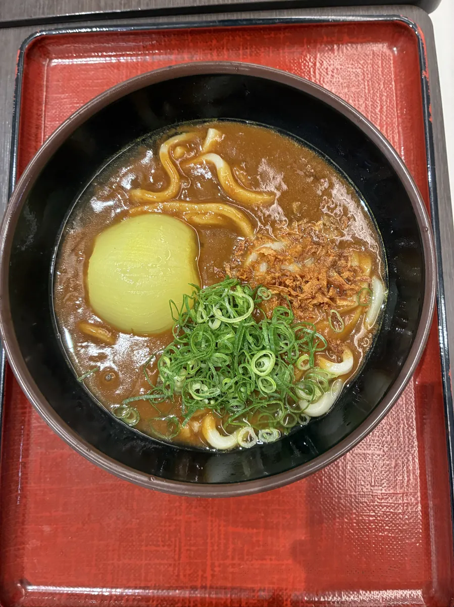 玉ねぎを丸ごと1個煮込んだ淡路玉葱丸ごとカレーうどん。青ねぎをのせた茶色いカレー