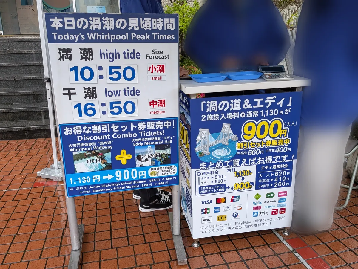本日の渦潮の見頃時間と、渦の道&エディ共通券900円の案内ボード