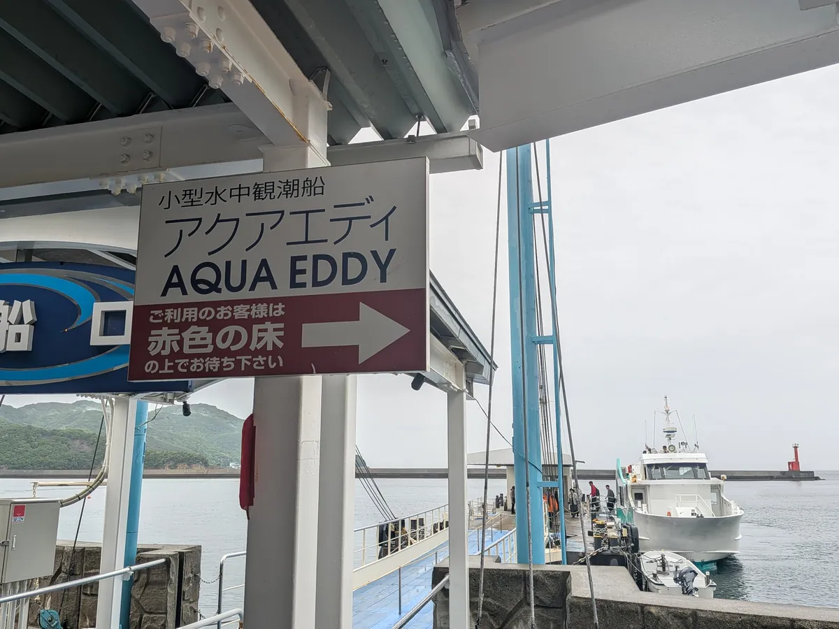 桟橋に停泊する緑と白の小型水中観潮船アクアエディ(AQUA EDDY)の船体