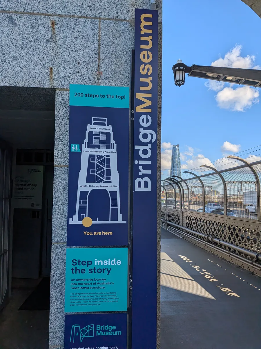 BridgeMuseumの入口看板。「200 steps to the top!」の表示とレベル1〜3のフロア構成図
