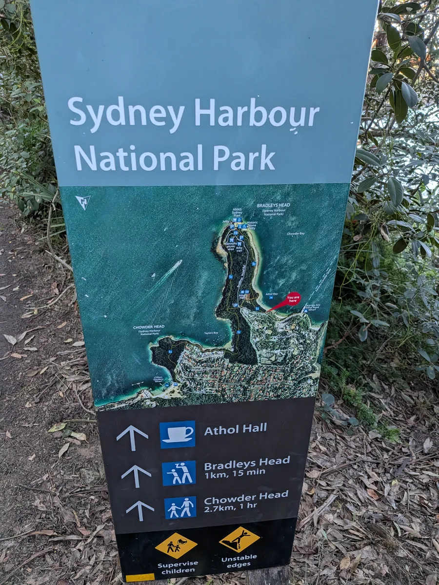 「Sydney Harbour National Park」の道標。アソール・ホール、ブラッドリーズヘッド、チャウダーヘッドへの矢印と徒歩時間