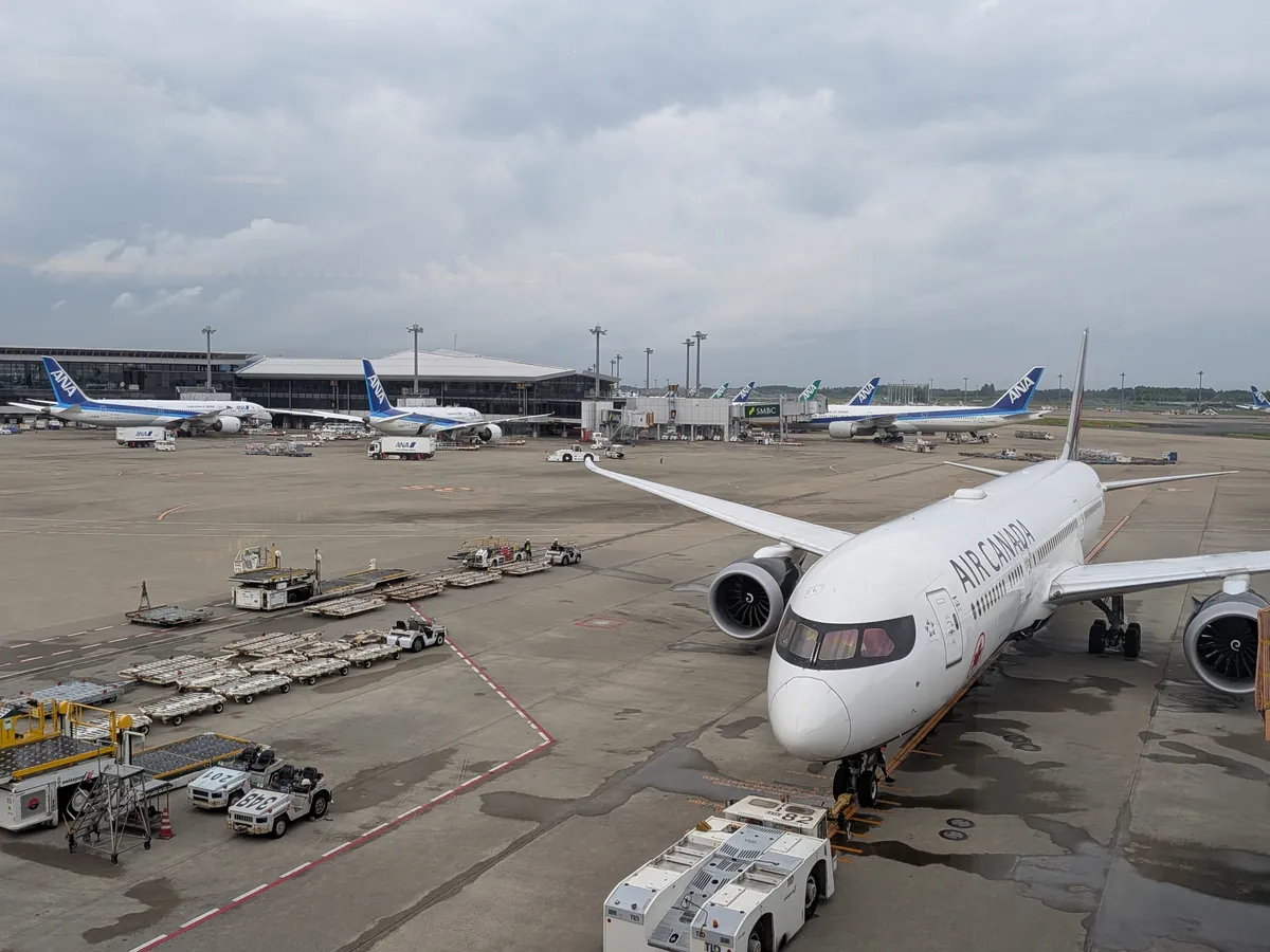ラウンジの窓から見える、広々とした空港の駐機場。複数の航空機が駐機しており、貨物の積み下ろし作業が行われている。