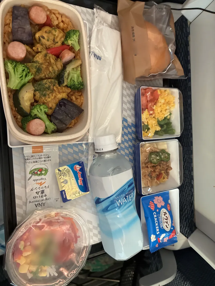 ANA国際線エコノミーの通常機内食Bメニュー。スパイスの効いたジャンバラヤに小鉢、サラダ、パン、クラッカーが並ぶトレイ