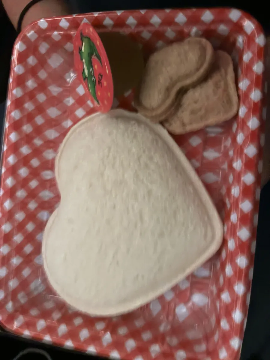 着陸前に提供された子ども向けの軽食。赤いギンガムチェックのトレイにハート型のパンとこんがり焼いたチキンのおかず