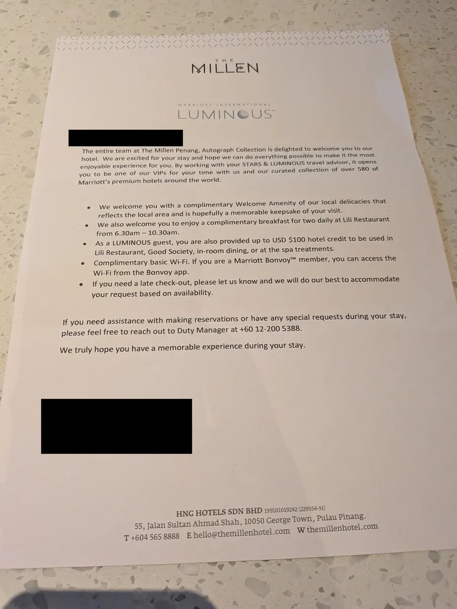THE MILLENとMARRIOTT LUMINOUSのウェルカムレター。特典が箇条書きで記載されている