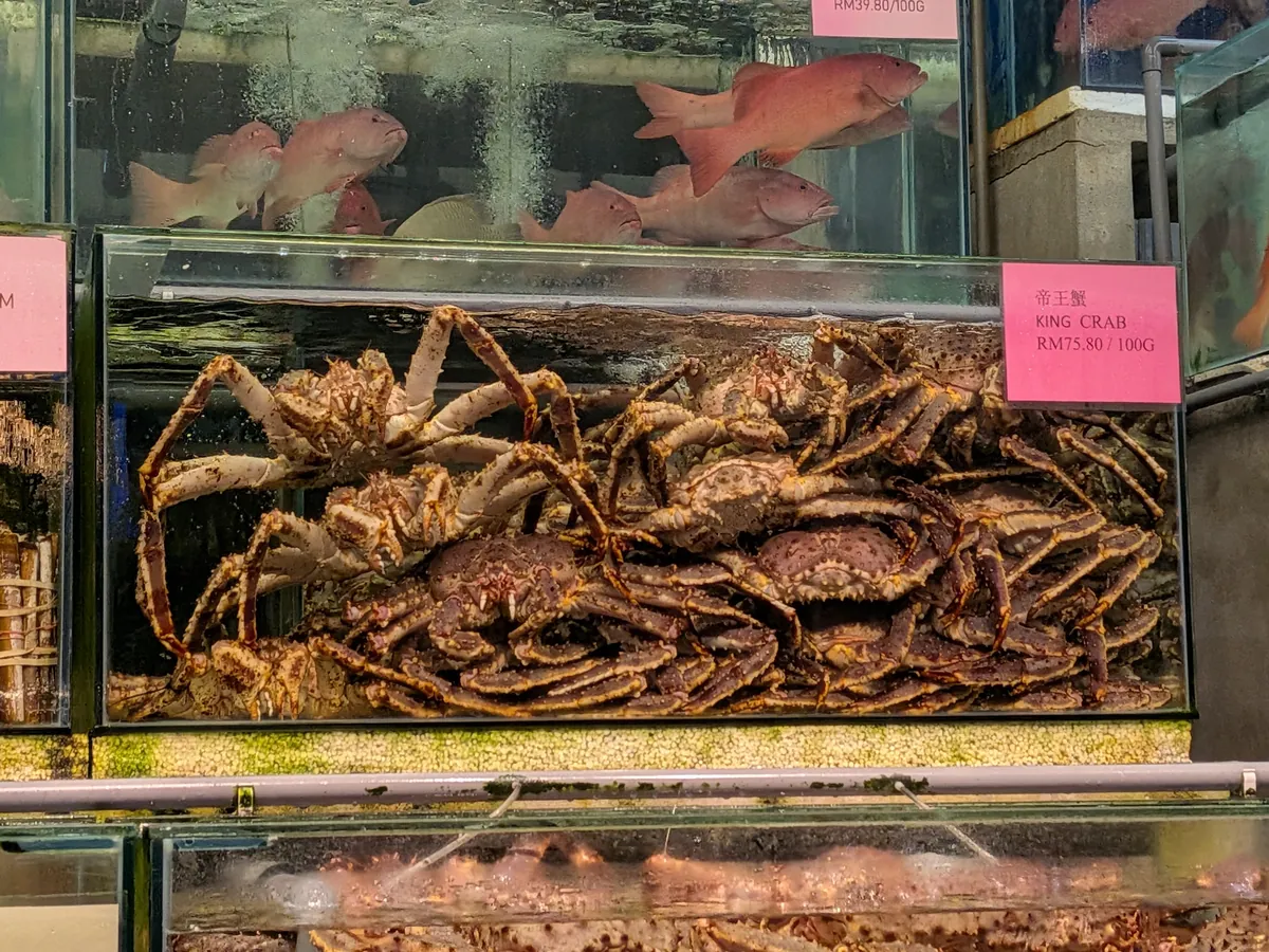 生簀の魚とカニ。値札の紙が貼られている