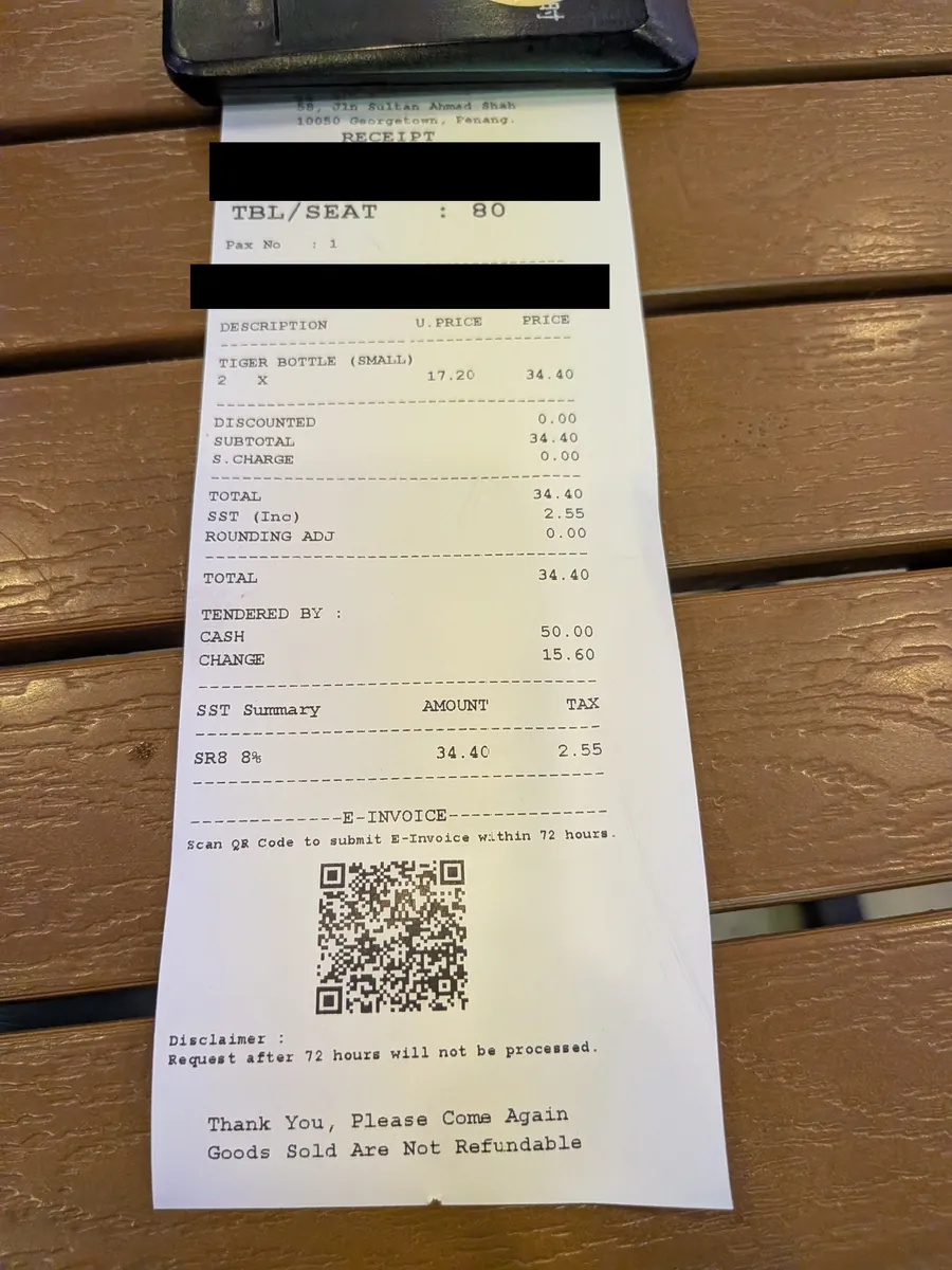 ドリンクの会計伝票。タイガー小瓶2本でRM34.40と記載されている