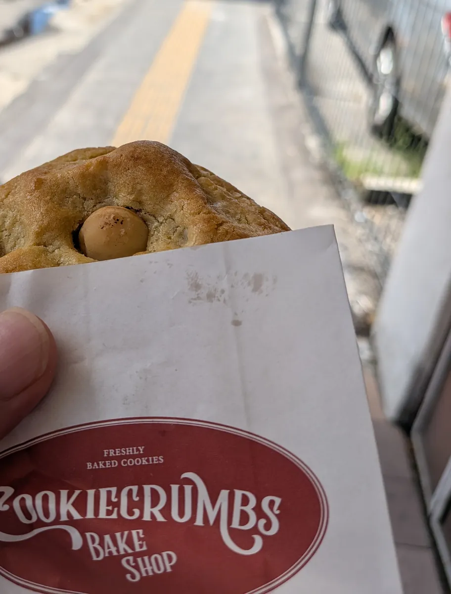 中央に大きな淡色の粒が沈んだ厚焼きクッキーを持ち、背景にジョージタウンのチュリア通りの歩道が見える