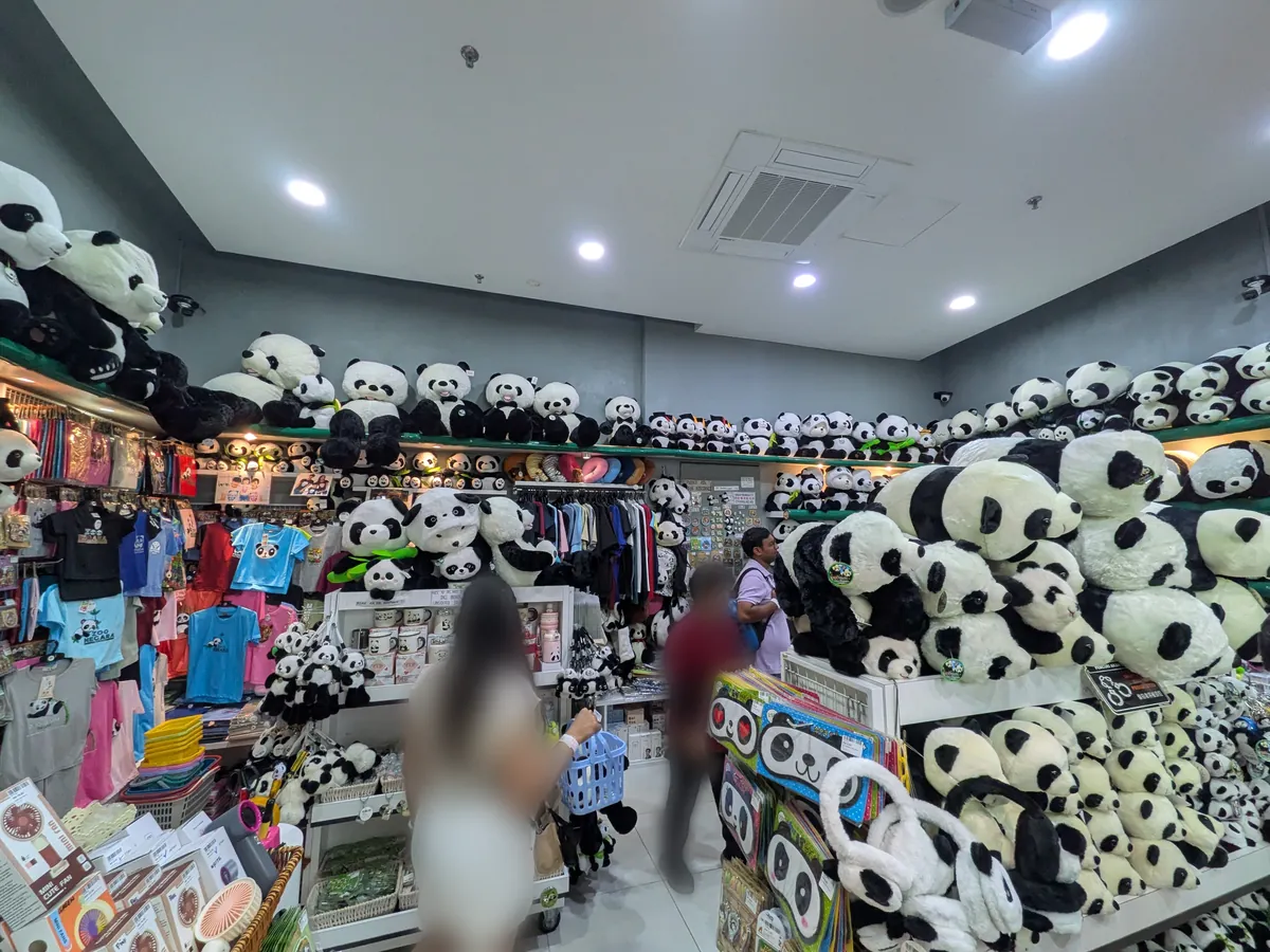 壁一面にパンダのぬいぐるみが並ぶパンダグッズ売り場