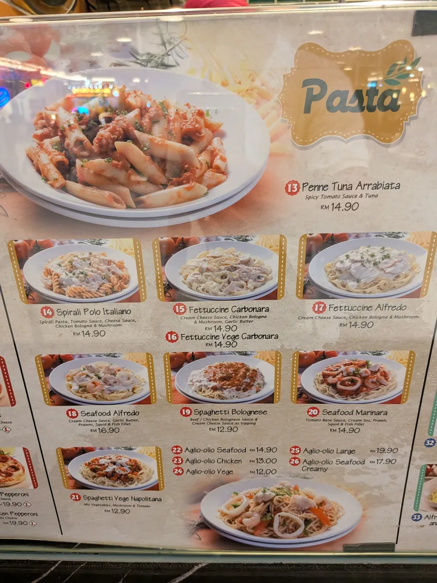 PIZZA & CAFE MILANO のパスタメニュー。1皿RM14〜15前後