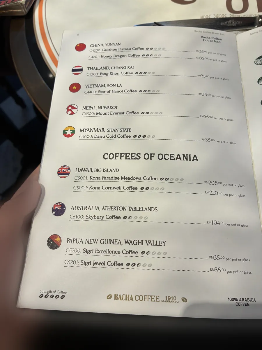 産地の国ごとに並ぶバチャコーヒーのコーヒーメニュー。多くがRM35.00