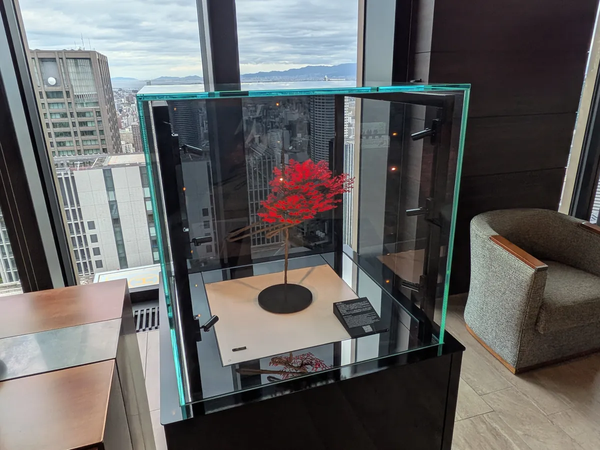 ガラスケースに展示された赤いオブジェ
