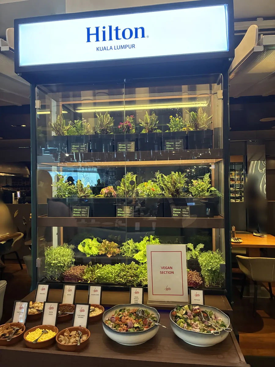 Hiltonのロゴが入ったガラスケースの中で葉物野菜を栽培しているサラダバーの設備