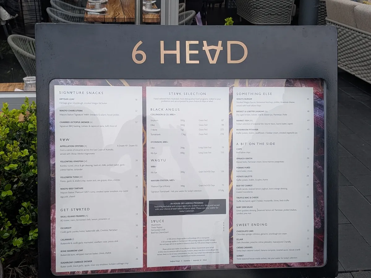 6HEADの入口に立てられたメニューボード。シグネチャースナック、ステーキセレクション、サイドの価格が一覧になっている
