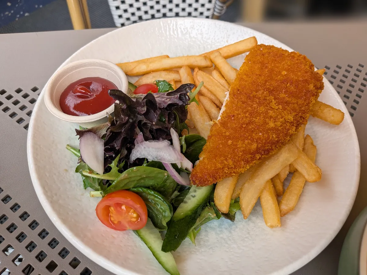 キッズメニューのハーフチキンシュニッツェル。パン粉揚げの鶏むね肉にチップス、サラダ、トマトソースが添えられている