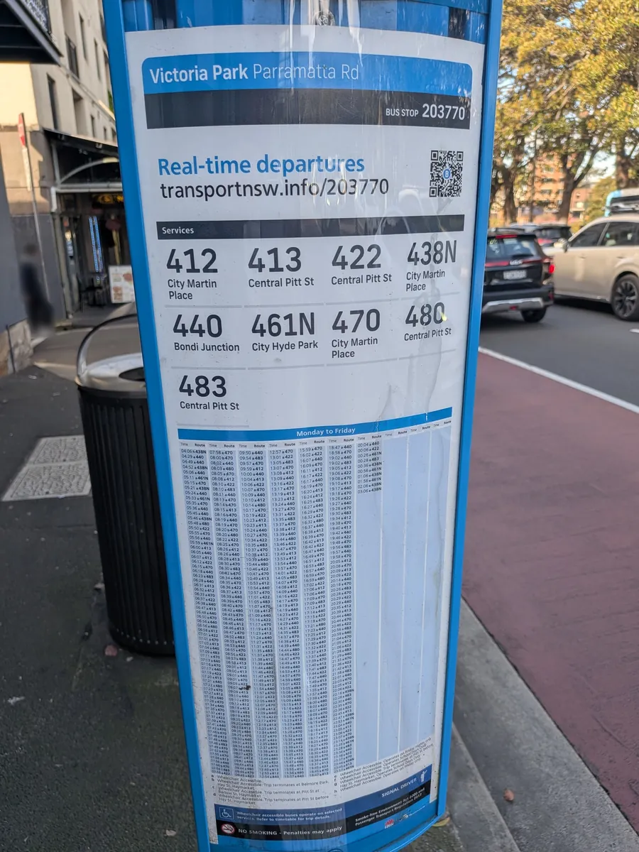 パラマタ・ロード沿いのヴィクトリア・パーク前のバス停。412、413、422、440、470、480、483などの路線番号が表示されている