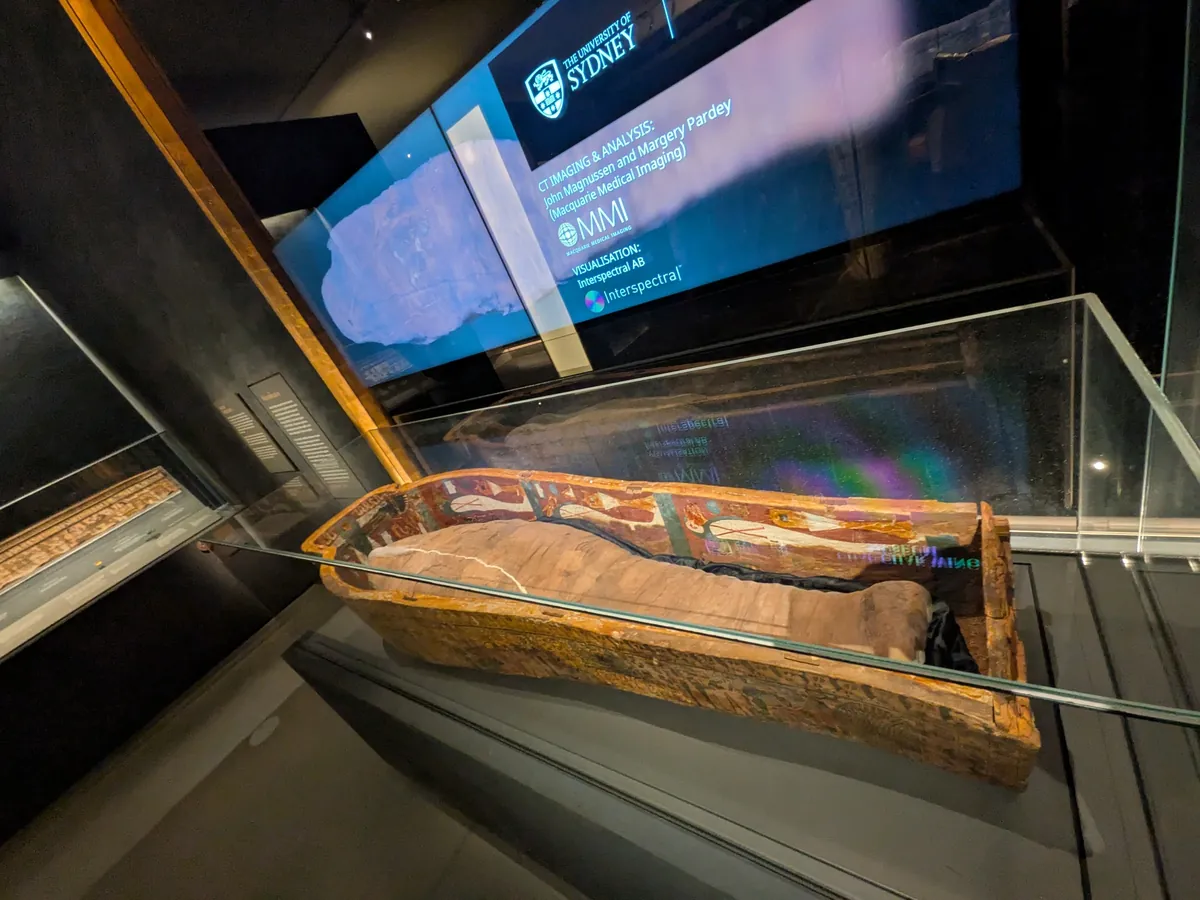 斜めから見た古代エジプトの木の棺。木肌の質感と蓋の合わせ目が分かる