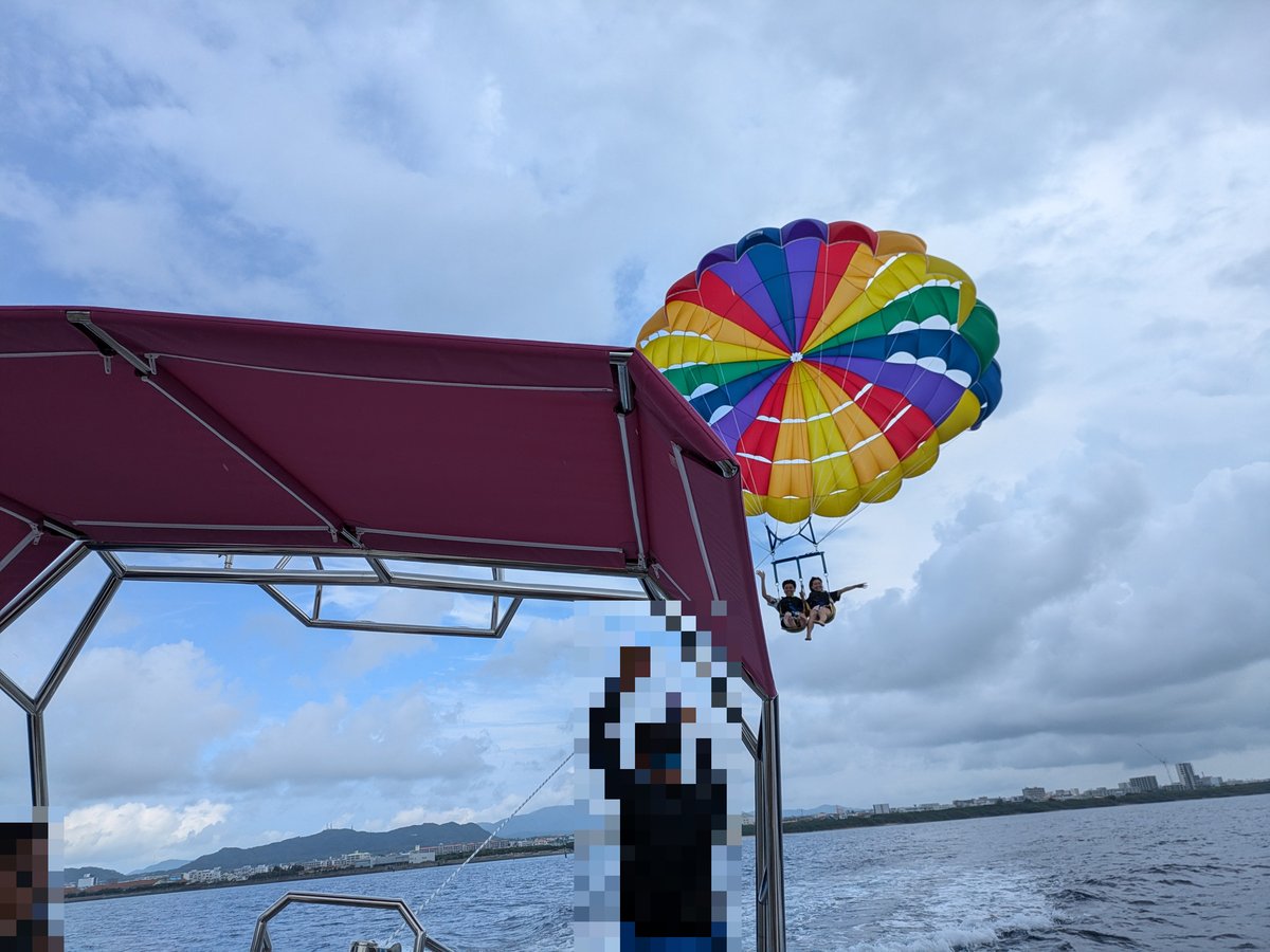 沖縄の海でパラセーリング。ボートから空へ舞い上がるカラフルなパラシュート