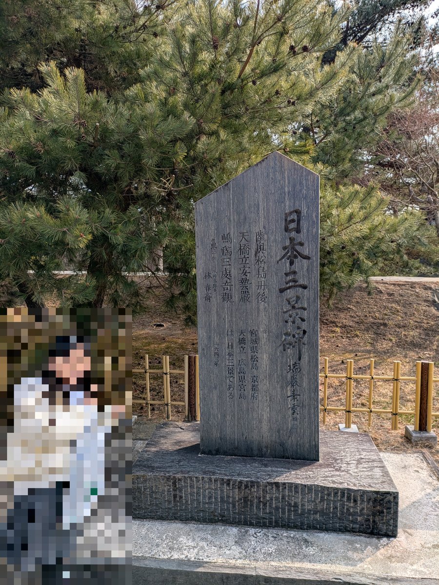 「日本三景」と刻まれた石碑の横でピースサインをして立つメイ