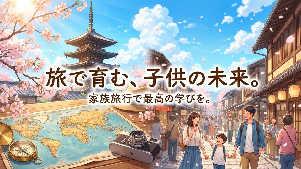 五重塔や世界地図・カメラを配した家族旅行と旅育のメニュー用バナー。旅で育む学びを表す。