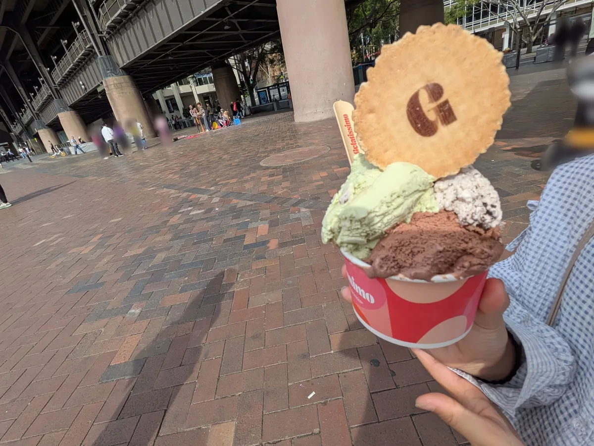 サーキュラーキーで買ったジェラート。ピスタチオ・チョコ・クッキー＆クリームの3種にウエハースが刺さっている