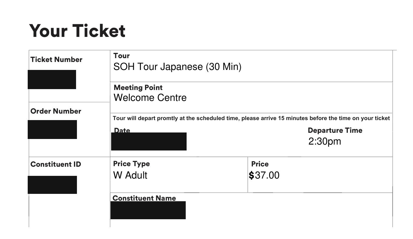 シドニー・オペラハウス日本語ガイドツアーのeチケット。ツアー名SOH Tour Japanese（30 Min）、集合場所Welcome Centre、出発2:30pm、料金A$37.00（氏名・日付・番号は黒塗り）