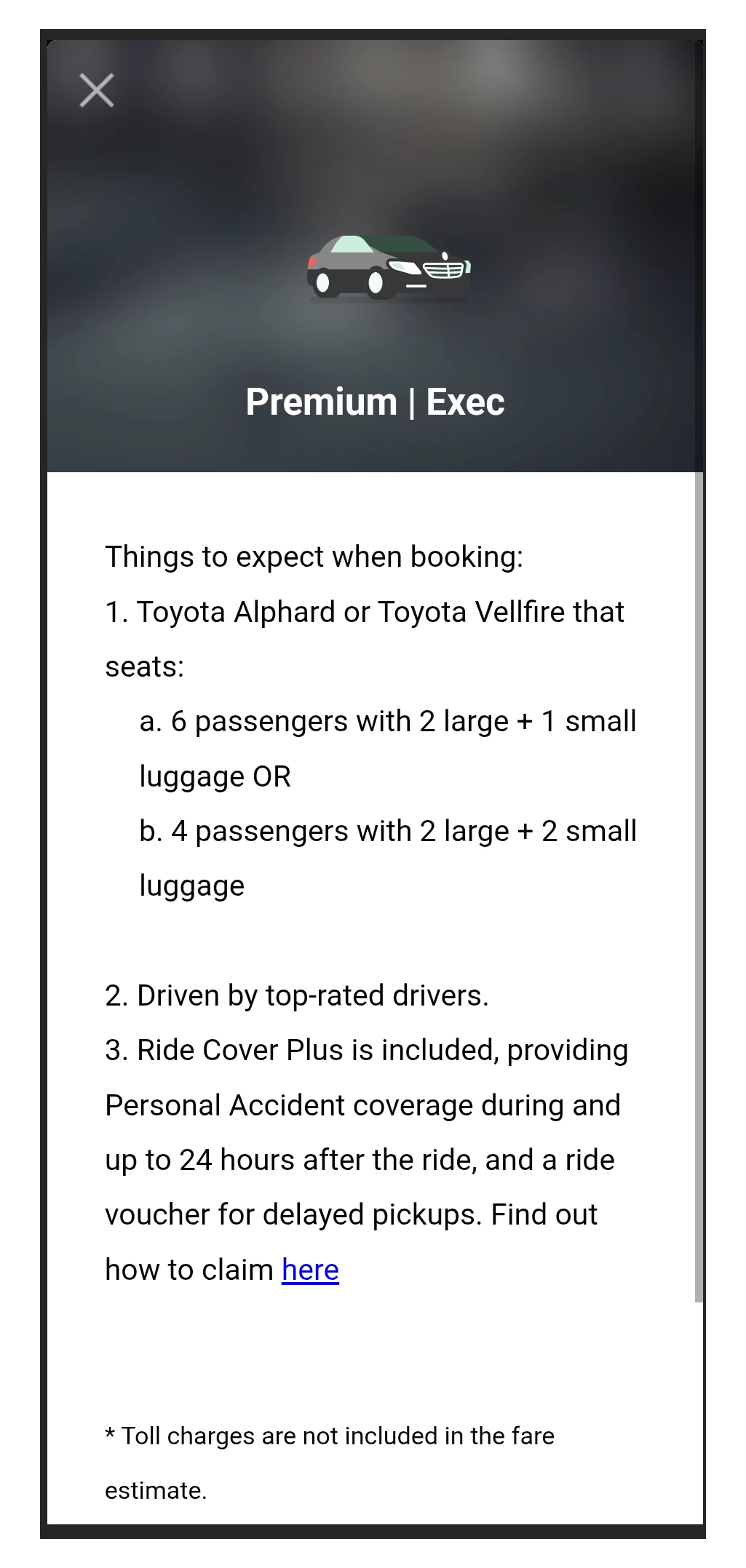 GrabアプリのPremium|Exec説明画面。トヨタ・アルファードまたはヴェルファイア、6人＋大型スーツケース2個＋小型1個、Ride Cover Plus付帯、通行料は見積もり外