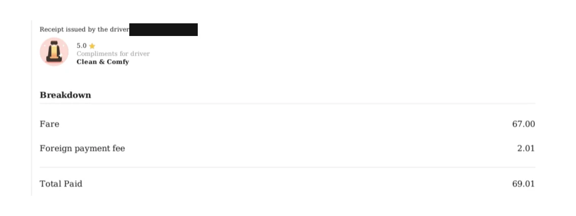 Grab Execの料金内訳。運賃67.00リンギット、Foreign payment fee 2.01リンギット、Total Paid 69.01リンギット（運転手氏名のみ黒塗り）