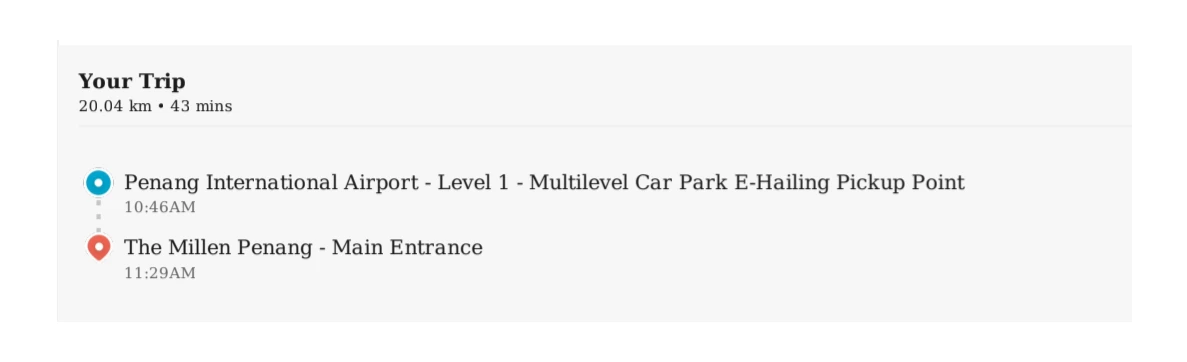 Grabの領収書に記録された行程。ペナン国際空港Level 1のE-Hailing Pickup Pointを10時46分に出発し、11時29分にジョージタウンの宿の正面玄関着。20.04km・43分